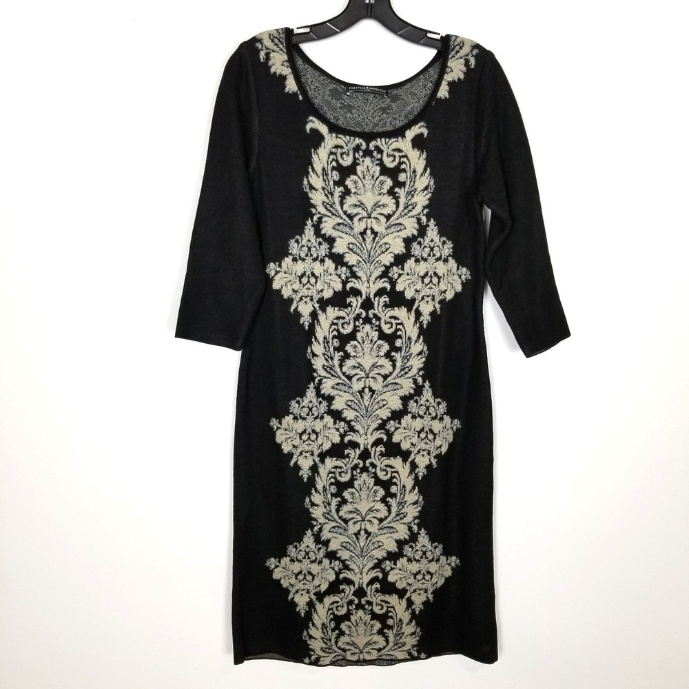 Peruvian Connection Women Damask Pima Cotton Knit Dress Sz S Black‎ Beige
